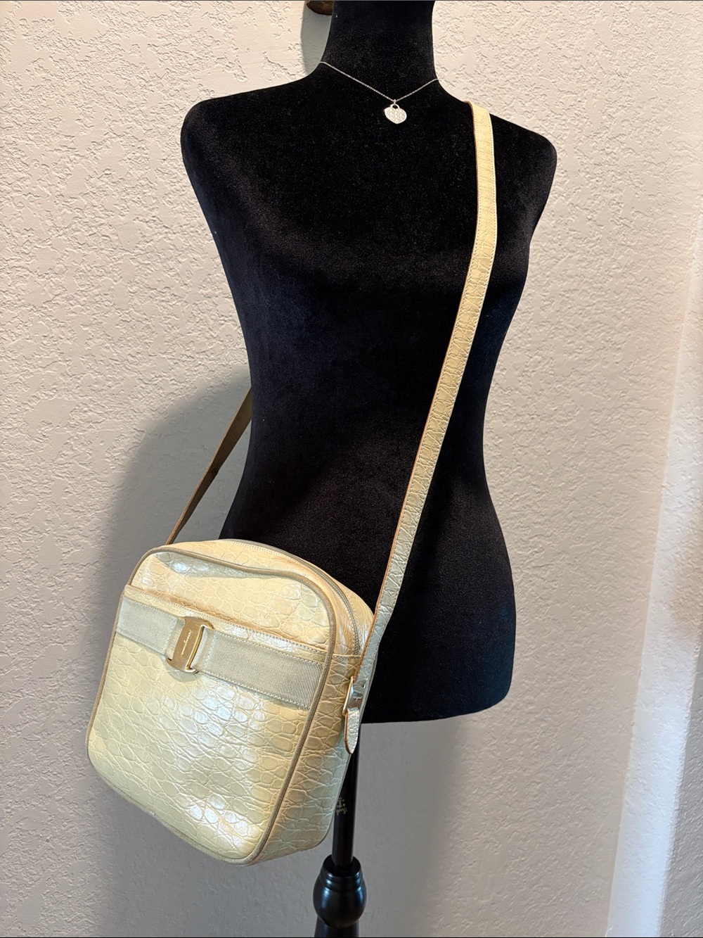 Salvatore Ferragamo Cream Croc-Embossed Leather Crossbody Bag